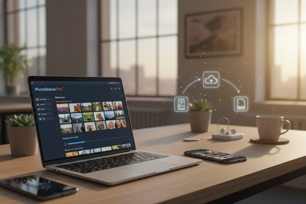 A visually engaging overview of photo recovery options, set in a modern workspace. In the foreground, a sleek laptop displays a user-friendly photo recovery software interface with vibrant visuals of recovered images. Next to it, a smartphone lies open, showcasing a gallery of diverse photos being restored. In the middle ground, there are visual icons representing various recovery methods, such as cloud storage and external drive connections, subtly highlighted. The background features an aesthetically pleasing desk with soft-focus plants and tech gadgets under warm, natural lighting that creates a welcoming atmosphere. The scene conveys a sense of innovation and accessibility, inviting users to explore effective photo recovery solutions.