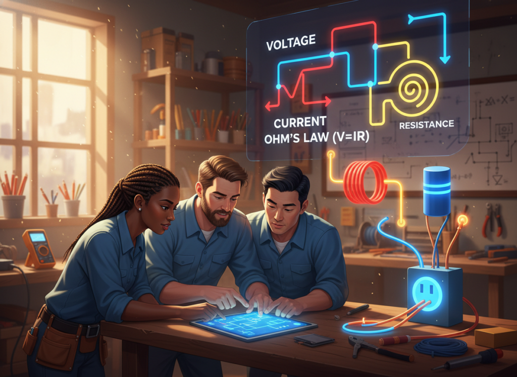 A visually striking illustration of basic electric theory concepts, featuring a colorful circuit diagram with clear labels and symbols. In the foreground, depict a diverse group of three professional electricians, two men and one woman, dressed in practical work attire as they collaborate over a digital tablet displaying electrical schematics. In the middle ground, include bright and simplified representations of electrical components such as resistors, capacitors, and wires, interconnected with vibrant energy lines. The background should feature a cozy, well-lit workspace filled with tools like multimeters and wire strippers, creating an inviting and educational atmosphere. The lighting is warm and natural, highlighting the interaction and engagement of the electricians with the educational material. The overall mood should be inspiring and informative, emphasizing teamwork and learning in the field of electrical theory.