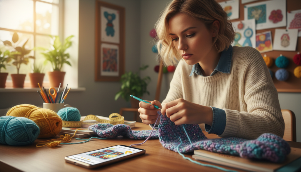 A well-organized scene depicting the benefits of using apps for learning crochet. In the foreground, a smartphone with a crochet app open, displaying colorful stitch patterns and tutorials. Next to it, a beginner crocheter with short hair, dressed in casual attire, intently following the app's instructions while holding a crochet hook and vibrant yarn. In the middle ground, a table cluttered with various crochet supplies like yarn balls, hooks, and a cozy, half-finished crochet project. The background features a well-lit, inviting craft space with bright natural lighting streaming through a window, plants in pots, and crochet patterns hanging on the wall. The atmosphere is warm and encouraging, emphasizing creativity and learning.