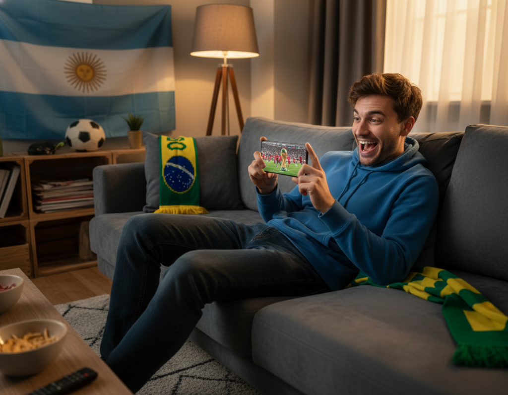 A young adult man sitting comfortably on his sofa, focused on his smartphone screen, displaying a vibrant, colorful image of a World Cup football match. In the foreground, his hands are holding the phone, capturing the excitement of the game with animated expressions. The middle ground features a cozy living room setting, adorned with World Cup memorabilia — flags, scarves, and a football on a shelf. The background showcases a warm, inviting glow from a lamp, creating a relaxed atmosphere. Soft shadows enhance the mood, and the scene is shot from a slightly elevated angle to emphasize the smartphone's display. The overall feeling is one of enthusiasm and joy, celebrating the thrill of watching the World Cup for free on a mobile device.