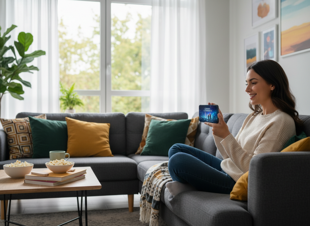 A young professional woman in her late 20s, sitting comfortably on a modern couch in a cozy living room, holding a smartphone with a TV show playing on the screen. She is dressed in casual yet stylish attire, showcasing her relaxed home environment. The foreground captures her concentration as she enjoys the show. In the middle, colorful cushions and a small coffee table with snacks are visible, enhancing the homey feel. The background displays a large window with soft natural light streaming in, giving the scene a warm atmosphere. Use a slight bokeh effect to emphasize the woman and smartphone, creating an inviting, contemporary vibe that illustrates the popularity of watching TV on mobile devices today.