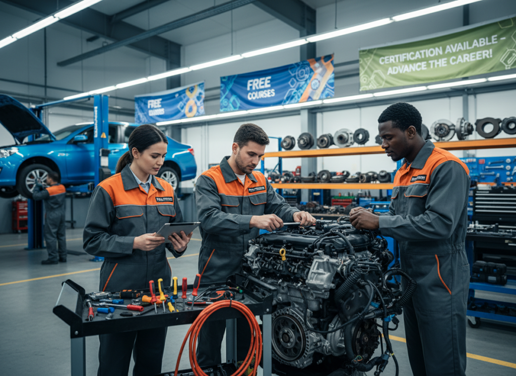 An automotive mechanic workshop setting showcasing skilled technicians at work. In the foreground, a diverse group of three professionals dressed in smart uniforms, focused on repairing a car engine, with tools and diagnostic equipment around them. In the middle ground, various automotive parts and banners showcasing 'free online courses' and 'certification available' can be subtly integrated, hinting at educational opportunities. The background features a car lift, bright fluorescent lighting, and a clean, organized workspace. The atmosphere is vibrant, filled with energy and diligence, conveying a sense of professionalism and the promising opportunities within the automotive industry. Use bright colors for the tools and vehicles, with a slight depth of field to emphasize the technicians' concentration.