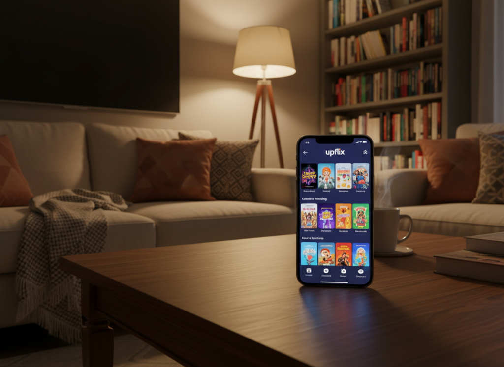 An elegant smartphone displaying the Upflix app interface prominently in the foreground, showcasing colorful thumbnails of various movies and shows. The device is placed on a stylish wooden table, surrounded by a cozy living room setting, including a soft couch and decorative cushions. In the middle ground, a warm lamp gently illuminates the scene, casting a soft glow. In the background, subtle details like a TV screen turned off, and a small bookshelf filled with various books create a homey atmosphere. The lighting is warm and inviting, emphasizing a relaxed mood ideal for enjoying entertainment on a mobile device. The image is viewed from a slightly elevated angle, creating a sense of depth and inviting the viewer into the scene.