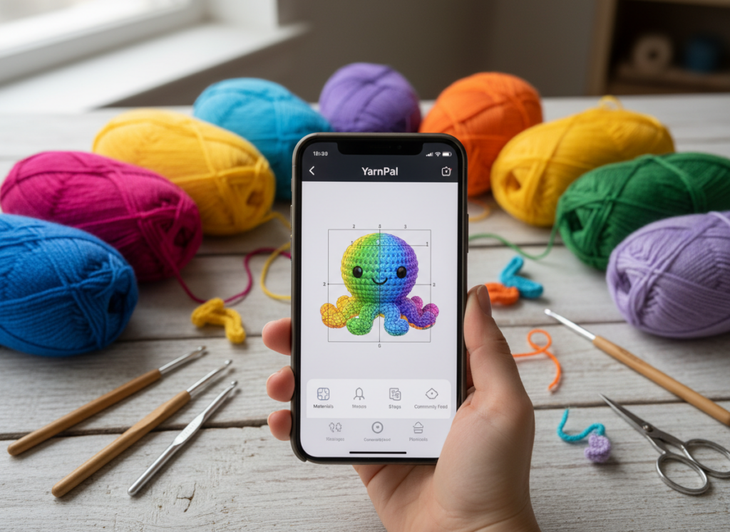 Uma mão segurando um smartphone moderno exibindo a interface colorida do aplicativo YarnPal com um padrão de amigurumi em 3D, cercada por novelos de lã vibrantes e agulhas de crochê sobre uma mesa de madeira clara, iluminação suave e profissional.
