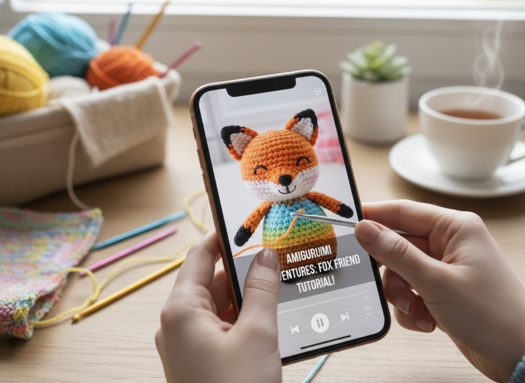 Uma tela de smartphone exibindo um tutorial em vídeo de alta qualidade de uma pessoa fazendo crochê em um amigurumi colorido, com agulha e fios ao fundo, atmosfera iluminada e amigável.