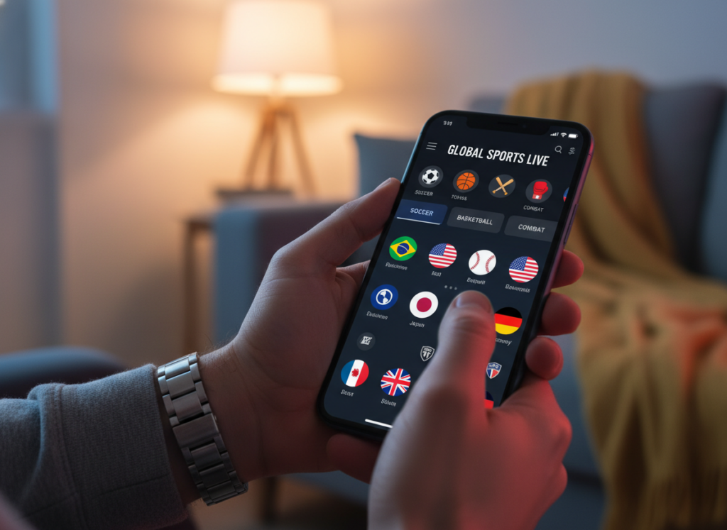 A close-up shot of a smartphone displaying a vibrant sports streaming app interface, highlighting various sports categories. In the foreground, a person's hand is seen scrolling through options, with well-groomed nails and a professional watch. The middle ground features an array of sports icons and flags representing different countries, symbolizing global access. The background is softly blurred, showing a cozy living room setting with warm, inviting lighting. The atmosphere conveys a sense of excitement and anticipation, filled with energy from the sports world. The scene is captured from a slightly elevated angle, emphasizing the smartphone's screen and creating an engaging focal point. A close-up shot of a smartphone displaying a vibrant sports streaming app interface, highlighting various sports categories. In the foreground, a person's hand is seen scrolling through options, with well-groomed nails and a professional watch. The middle ground features an array of sports icons and flags representing different countries, symbolizing global access. The background is softly blurred, showing a cozy living room setting with warm, inviting lighting. The atmosphere conveys a sense of excitement and anticipation, filled with energy from the sports world. The scene is captured from a slightly elevated angle, emphasizing the smartphone's screen and creating an engaging focal point.