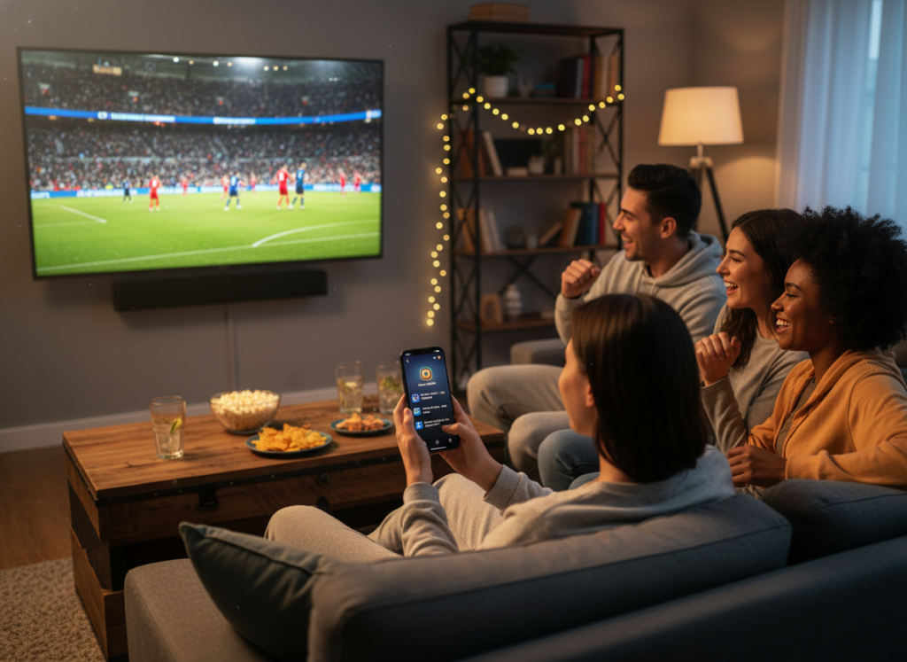 A cozy home setting featuring a modern living room with a large screen displaying a vibrant soccer match. In the foreground, a diverse group of four friends (two men, two women) in casual, comfortable clothing are gathered, showing enthusiasm as they watch the game. One friend is adjusting a smartphone with an app open, showcasing features for a quality streaming experience. Soft, warm lighting creates an inviting atmosphere, with a slight blur in the background where a coffee table is set with snacks and drinks. The mood is lively and engaging, reflecting the excitement of watching sports together, emphasizing the importance of connection and quality viewing.