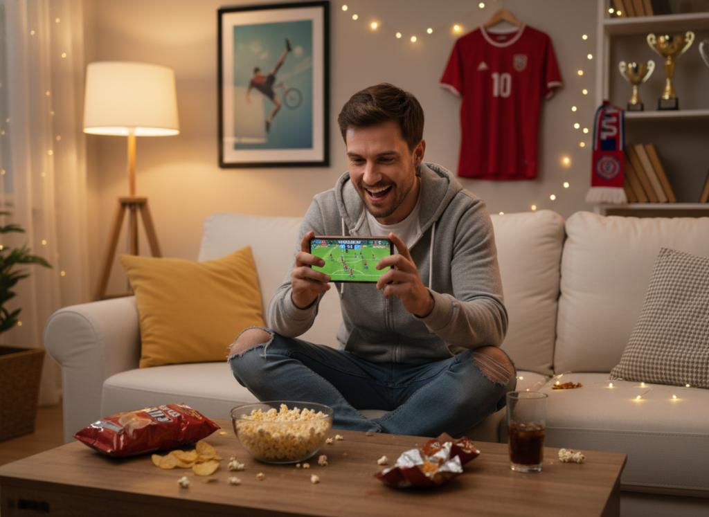 A cozy living room scene set in soft, warm lighting, depicting a person in casual attire intently watching a live football match on their smartphone. In the foreground, the smartphone screen shows the vibrant colors of a football game, with players in action. The middle ground features the individual sitting on a comfortable couch, surrounded by snacks and drinks, expressing excitement and engagement. The background includes subtle decorations of football memorabilia, such as posters and a jersey hanging on the wall, adding to the spirited atmosphere. The overall mood is lively and festive, capturing the essence of enjoying the World Cup games via smartphone, inviting viewers into this dynamic sports experience. A cozy living room scene set in soft, warm lighting, depicting a person in casual attire intently watching a live football match on their smartphone. In the foreground, the smartphone screen shows the vibrant colors of a football game, with players in action. The middle ground features the individual sitting on a comfortable couch, surrounded by snacks and drinks, expressing excitement and engagement. The background includes subtle decorations of football memorabilia, such as posters and a jersey hanging on the wall, adding to the spirited atmosphere. The overall mood is lively and festive, capturing the essence of enjoying the World Cup games via smartphone, inviting viewers into this dynamic sports experience.