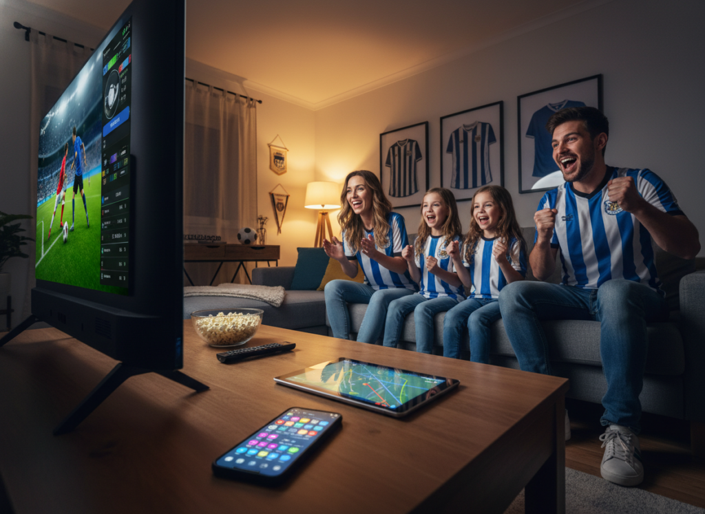 A cozy living room setting focused on a modern smart TV displaying a vibrant soccer match. In the foreground, a coffee table holds an array of electronic devices such as a smartphone and a tablet, showcasing various colorful app interfaces designed for live sports streaming. In the middle ground, a family of four, dressed in casual sports attire, reacts excitedly to a play on the screen, with expressions of joy and anticipation. The background features warm lighting that creates an inviting atmosphere, with soccer-themed decorations like a ball and jerseys on the walls. The angle captures the engagement of the viewers, emphasizing the thrilling experience of watching live soccer games. A cozy living room setting focused on a modern smart TV displaying a vibrant soccer match. In the foreground, a coffee table holds an array of electronic devices such as a smartphone and a tablet, showcasing various colorful app interfaces designed for live sports streaming. In the middle ground, a family of four, dressed in casual sports attire, reacts excitedly to a play on the screen, with expressions of joy and anticipation. The background features warm lighting that creates an inviting atmosphere, with soccer-themed decorations like a ball and jerseys on the walls. The angle captures the engagement of the viewers, emphasizing the thrilling experience of watching live soccer games.