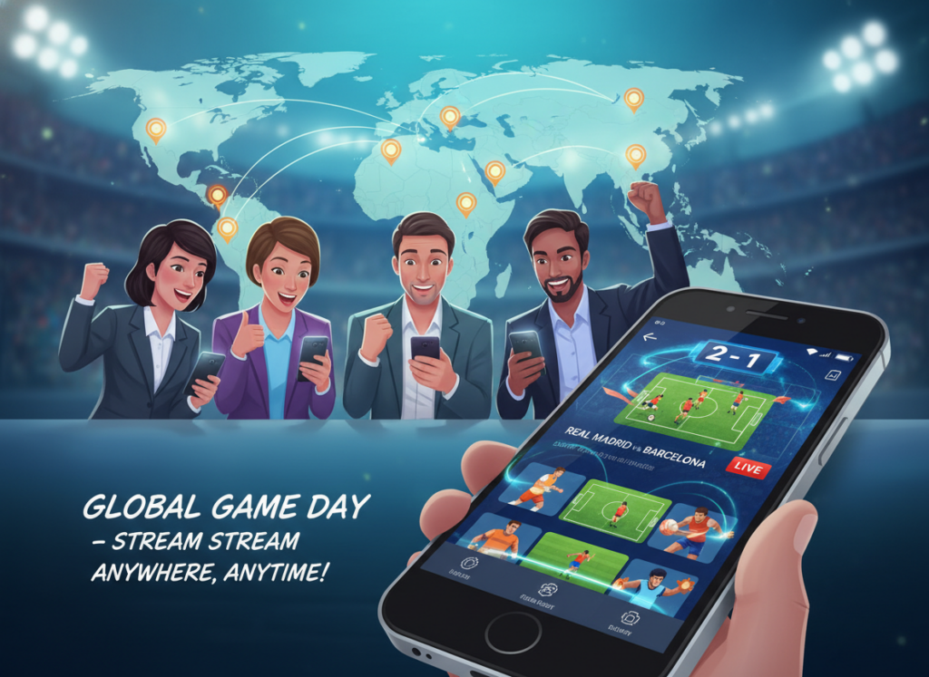 A detailed illustration showcasing a world map highlighted with markers representing various countries and localities. In the foreground, a smartphone displaying a live streaming interface for sports events, with vibrant colors indicating the excitement of live football matches. The middle ground features a diverse group of people—men and women in professional attire—looking at their phones with expressions of joy and anticipation. The background presents a subtle gradient of blue and green, reminiscent of a stadium atmosphere with soft lighting that evokes a sense of community and engagement. The overall mood is lively and optimistic, emphasizing the accessibility of watching live games through mobile devices across different regions.