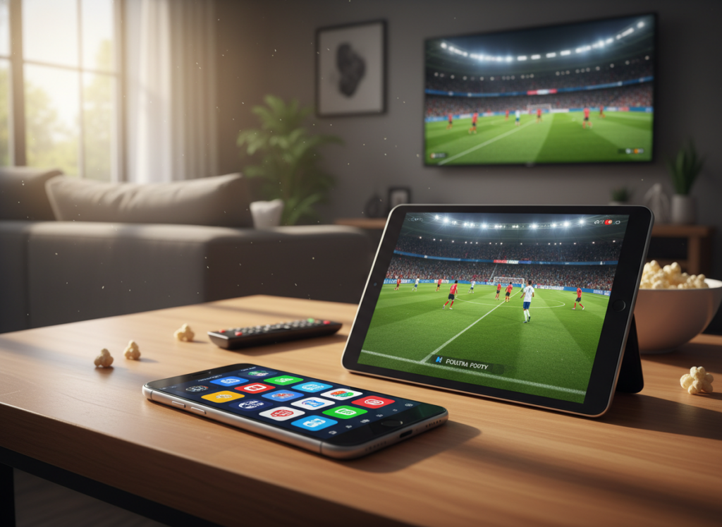 A digital illustration depicting a modern smartphone displaying various football streaming apps on its screen, set on a wooden table. In the foreground, the smartphone is angled slightly, with colorful app icons visible, showcasing sports and football logos. In the middle ground, a tablet can be seen with a football match playing, emphasizing the idea of multitasking between devices. In the background, a soft-focus living room interior with a couch and a TV streaming a live football game creates a cozy atmosphere. Bright, natural lighting streams through a window, casting gentle shadows, enhancing the inviting mood. The overall vibe conveys excitement and accessibility, perfect for users wanting to watch football on their devices. A digital illustration depicting a modern smartphone displaying various football streaming apps on its screen, set on a wooden table. In the foreground, the smartphone is angled slightly, with colorful app icons visible, showcasing sports and football logos. In the middle ground, a tablet can be seen with a football match playing, emphasizing the idea of multitasking between devices. In the background, a soft-focus living room interior with a couch and a TV streaming a live football game creates a cozy atmosphere. Bright, natural lighting streams through a window, casting gentle shadows, enhancing the inviting mood. The overall vibe conveys excitement and accessibility, perfect for users wanting to watch football on their devices.