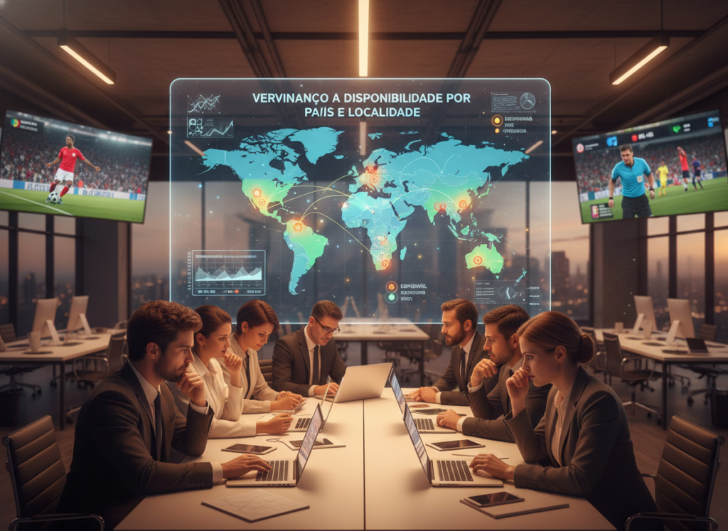 A dynamic and visually engaging scene illustrating the concept of "Verificando a Disponibilidade por País e Localidade" in the context of live football streaming apps. In the foreground, a diverse group of people dressed in professional business attire, intensely focused on their laptops and mobile devices, are analyzing data from various countries. The middle ground features a large digital map displaying country outlines, connectivity lines, and icons representing different localities, with glowing dots indicating availability. In the background, a softly lit modern office environment with large screens showcasing live football matches creates an energetic atmosphere. Use warm lighting to evoke a sense of excitement and anticipation, captured with a wide-angle lens to emphasize the scope of the discussion. A dynamic and visually engaging scene illustrating the concept of "Verificando a Disponibilidade por País e Localidade" in the context of live football streaming apps. In the foreground, a diverse group of people dressed in professional business attire, intensely focused on their laptops and mobile devices, are analyzing data from various countries. The middle ground features a large digital map displaying country outlines, connectivity lines, and icons representing different localities, with glowing dots indicating availability. In the background, a softly lit modern office environment with large screens showcasing live football matches creates an energetic atmosphere. Use warm lighting to evoke a sense of excitement and anticipation, captured with a wide-angle lens to emphasize the scope of the discussion.