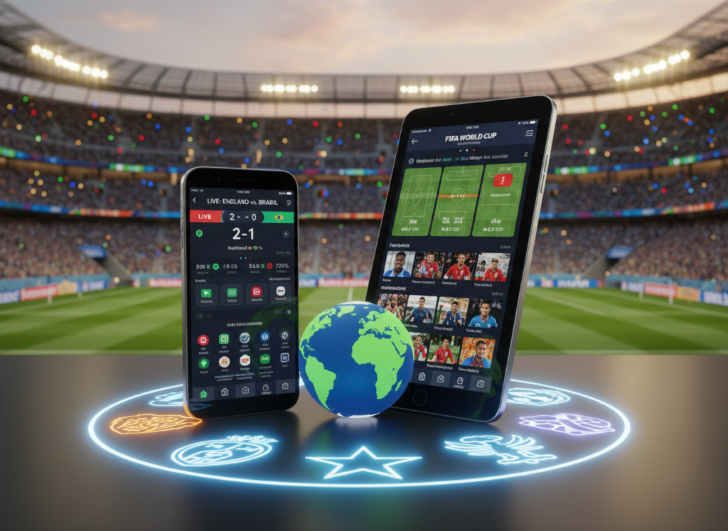 A dynamic composition showcasing various mobile devices displaying football match interfaces, symbolizing apps for watching the World Cup. In the foreground, a sleek smartphone and tablet are angled towards the viewer, featuring vibrant, engaging app screens filled with live game statistics and player highlights. In the middle ground, abstract representations of popular football team logos and a stylized globe hint at international football culture. The background features a softly blurred stadium with colorful lights and cheering crowds, creating an energetic atmosphere. The lighting is bright and lively, emphasizing excitement and anticipation for the matches. The perspective is slightly elevated, adding depth to the scene while maintaining a focused and inviting look.