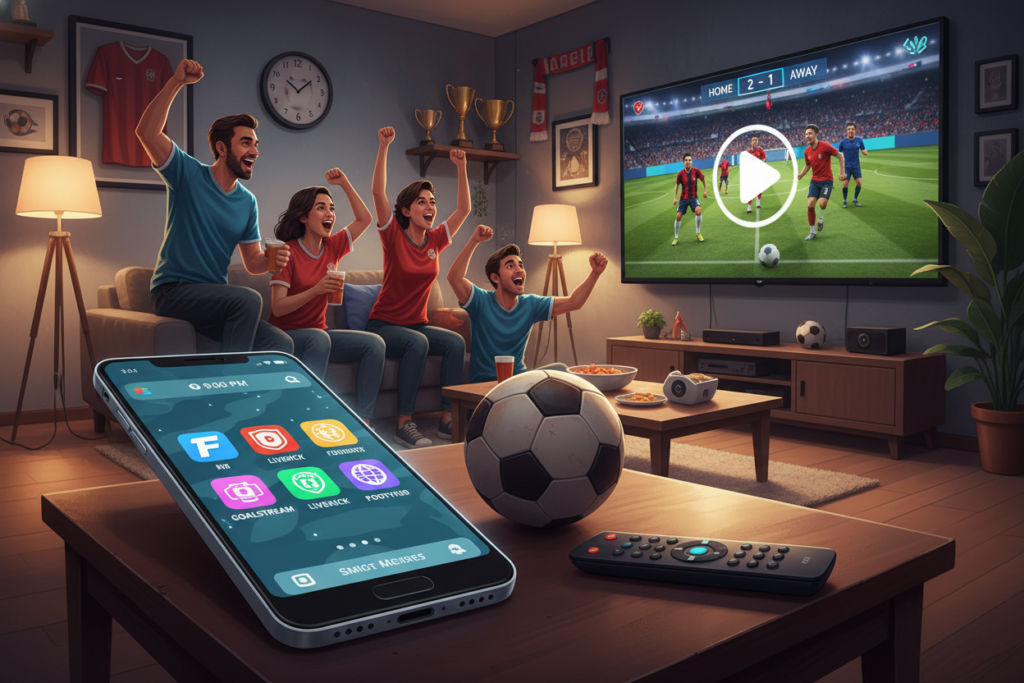 A dynamic illustration showcasing the concept of "Best Apps to Watch Football Games" in a vibrant, engaging style. In the foreground, depict a smartphone with a football-themed interface, displaying vibrant app icons for popular football streaming services. Include elements like a football and a remote control nearby. In the middle layer, feature a cozy living room setting, with a group of friends gathered around, wearing casual sports attire, enthusiastically watching a live game on a large screen. In the background, slightly blurred, include a wall clock and football memorabilia, enhancing the ambiance. Use warm, inviting lighting to create a lively and exciting atmosphere, suggesting camaraderie and excitement for the game. Opt for a slightly angled perspective to draw viewers into the scene, capturing the thrill of watching football apps in action. A dynamic illustration showcasing the concept of "Best Apps to Watch Football Games" in a vibrant, engaging style. In the foreground, depict a smartphone with a football-themed interface, displaying vibrant app icons for popular football streaming services. Include elements like a football and a remote control nearby. In the middle layer, feature a cozy living room setting, with a group of friends gathered around, wearing casual sports attire, enthusiastically watching a live game on a large screen. In the background, slightly blurred, include a wall clock and football memorabilia, enhancing the ambiance. Use warm, inviting lighting to create a lively and exciting atmosphere, suggesting camaraderie and excitement for the game. Opt for a slightly angled perspective to draw viewers into the scene, capturing the thrill of watching football apps in action.