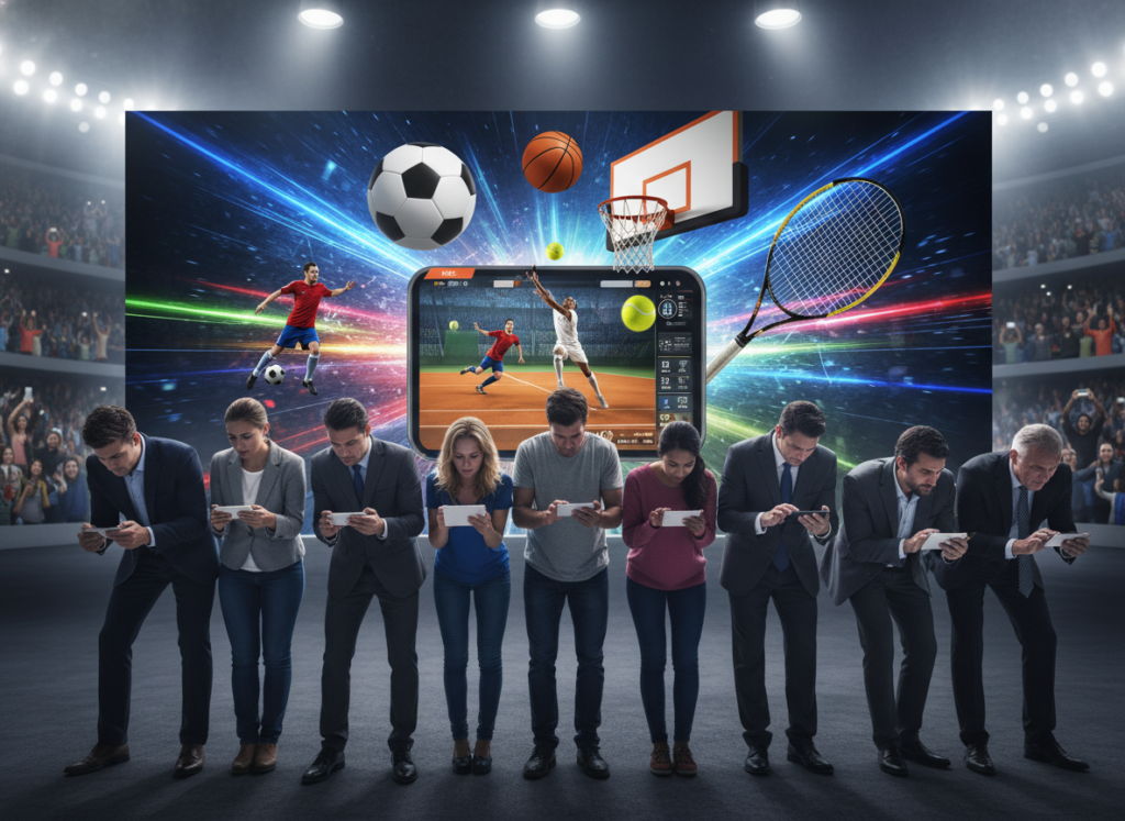 A dynamic scene capturing the excitement of major sports events being broadcast live. In the foreground, a diverse group of people, dressed in professional business attire and modest casual clothing, are gathered around mobile devices, intensely focused on the screens displaying vibrant, high-action sports matches. The middle ground shows a large, high-resolution screen displaying iconic sports imagery, with vivid colors representing various sports like soccer, basketball, and tennis. In the background, a bustling crowd in a stadium atmosphere, cheering and holding up smartphones for streaming, adds to the sense of excitement. The lighting is bright and energetic, emphasizing the high stakes of the competitions. The overall mood is lively and engaging, showcasing the thrill of watching live sports on mobile devices.