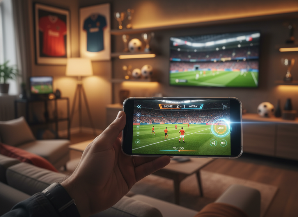 A dynamic scene illustrating a person watching a live soccer game on a smartphone, showcasing a sleek user interface of an app designed for streaming. In the foreground, focus on the person's hand gripping the phone, displaying vibrant graphics of a soccer match. The middle ground features a cozy living room setting with a large TV showing a football match, creating a contrast between the app and traditional viewing. In the background, soft ambient lighting enhances the relaxed atmosphere, with shelves of sports memorabilia subtly in view. Use warm colors to evoke excitement and anticipation. Capture this moment with a slight depth of field, focusing on the phone while softening the background elements. A dynamic scene illustrating a person watching a live soccer game on a smartphone, showcasing a sleek user interface of an app designed for streaming. In the foreground, focus on the person's hand gripping the phone, displaying vibrant graphics of a soccer match. The middle ground features a cozy living room setting with a large TV showing a football match, creating a contrast between the app and traditional viewing. In the background, soft ambient lighting enhances the relaxed atmosphere, with shelves of sports memorabilia subtly in view. Use warm colors to evoke excitement and anticipation. Capture this moment with a slight depth of field, focusing on the phone while softening the background elements.