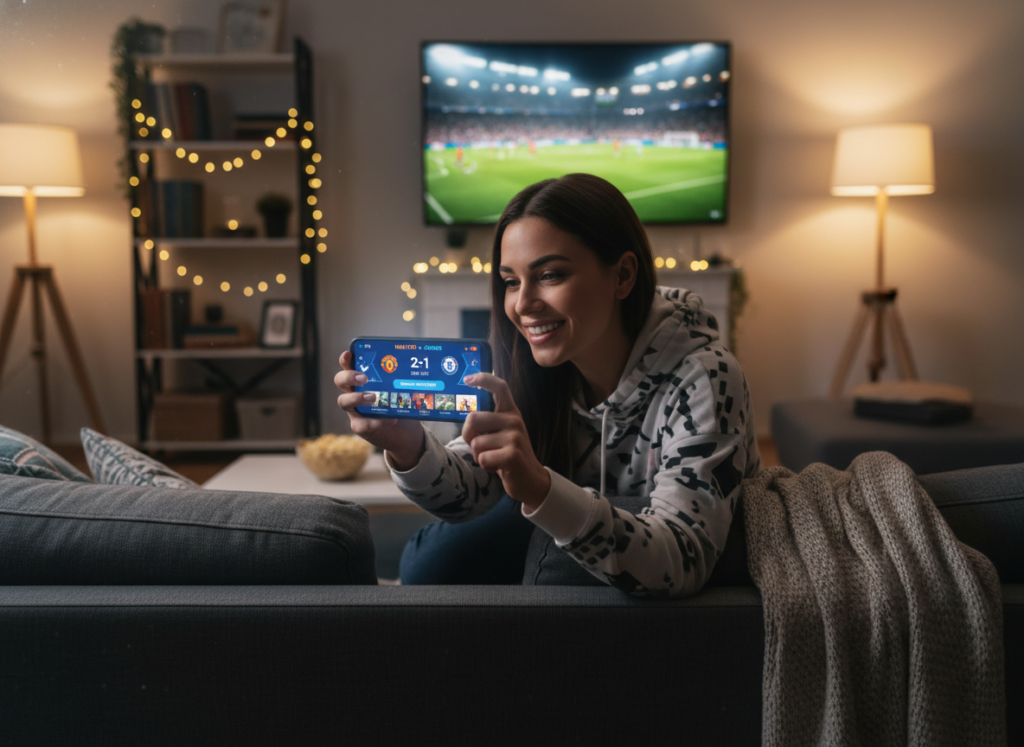 A dynamic scene illustrating interactive features of mobile apps for watching soccer matches. In the foreground, a modern smartphone displays a vibrant app interface with live game stats, instant replays, and interactive polls. The screen is bright and engaging, showcasing colorful graphics. In the middle, a person dressed in casual yet professional attire, sitting comfortably on a sofa, is immersed in the game, using their phone to interact. The background features a cozy living room with a large TV screen showing a soccer match, dimly lit with soft, warm lighting to evoke a homey atmosphere. The mood is lively and enthusiastic, capturing the excitement of watching a game interactively on a smartphone. A dynamic scene illustrating interactive features of mobile apps for watching soccer matches. In the foreground, a modern smartphone displays a vibrant app interface with live game stats, instant replays, and interactive polls. The screen is bright and engaging, showcasing colorful graphics. In the middle, a person dressed in casual yet professional attire, sitting comfortably on a sofa, is immersed in the game, using their phone to interact. The background features a cozy living room with a large TV screen showing a soccer match, dimly lit with soft, warm lighting to evoke a homey atmosphere. The mood is lively and enthusiastic, capturing the excitement of watching a game interactively on a smartphone.