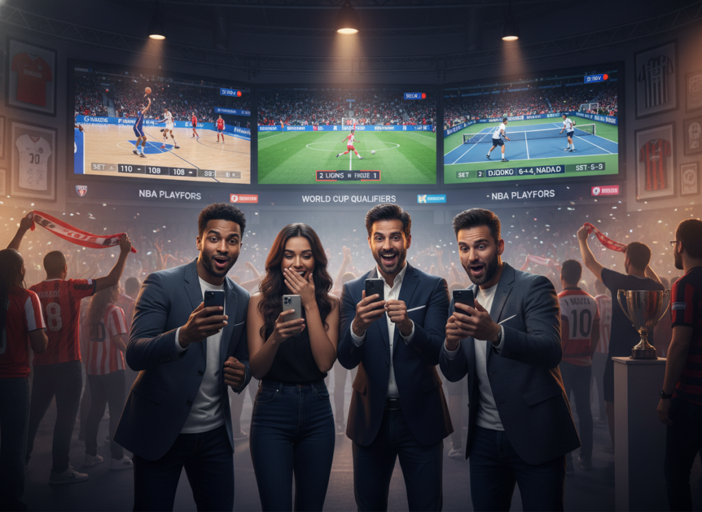 A dynamic sports broadcasting scene showcasing various tournaments and sporting events. In the foreground, a diverse group of people, dressed in smart casual attire, are intently watching games on their smartphones, with excitement on their faces. The middle ground features large screens displaying live sports broadcasts, highlighting soccer, basketball, and tennis matches, with vibrant graphics and scores visible. The background shows a lively atmosphere, filled with sports memorabilia and fans cheering, creating a sense of community. Soft, dynamic lighting emphasizes the thrill of the moment, while a shallow depth of field focuses on the engaged viewers. The overall mood is energetic and celebratory, capturing the essence of live sports transmissions.