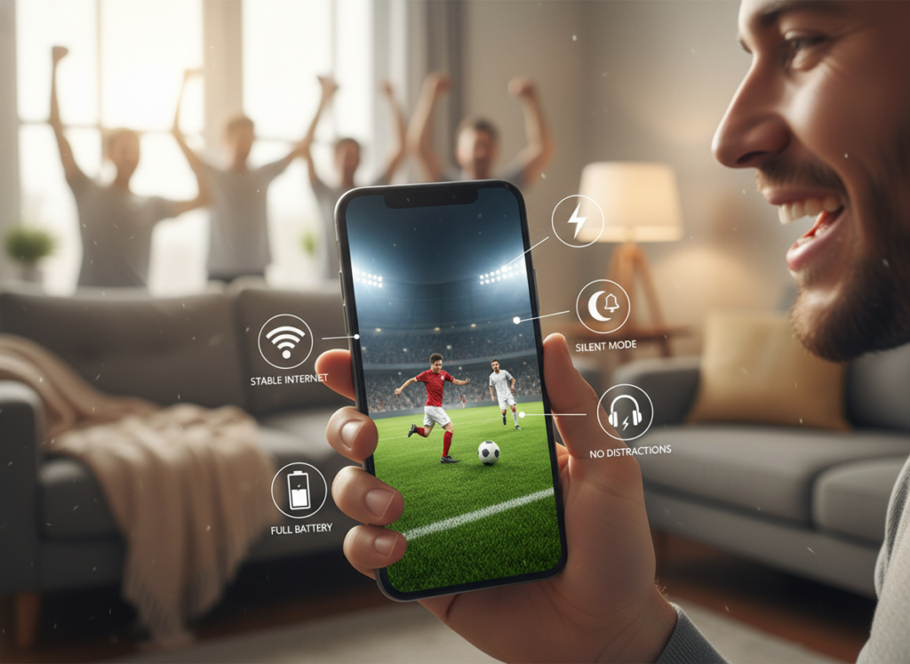 A focused smartphone screen displaying a live soccer game surrounded by user-friendly icons symbolizing tips for an uninterrupted experience, such as a stable internet connection, battery life, and distraction-free notifications. In the foreground, showcase a hand holding the phone with visible excitement. The middle ground features blurred images of cheering fans and a soccer field in action, capturing the thrill of the game. The background displays a cozy living room setting with soft lighting that creates a warm and inviting atmosphere. Use a slight bokeh effect to enhance focus on the phone, using natural light from windows to create an uplifting and engaging mood.