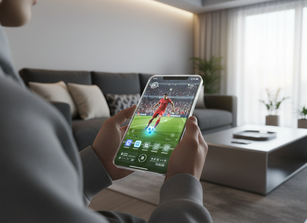 A futuristic smartphone displaying a vibrant soccer match streaming live on the screen, held by a person in casual attire, seated comfortably on a modern couch. The foreground showcases the phone with an intricate interface of app icons related to free sports streaming. The middle ground features the living room ambiance with sleek furniture, soft cushions, and ambient lighting creating a cozy atmosphere. The background is slightly blurred, hinting at a bright window with daylight streaming in, adding warmth to the scene. The mood is relaxed and engaging, reflecting a seamless experience of watching football on a mobile device in the year 2026. Emphasize clarity and focus on the smartphone, with a shallow depth of field to keep the viewer's attention on the device and its content.