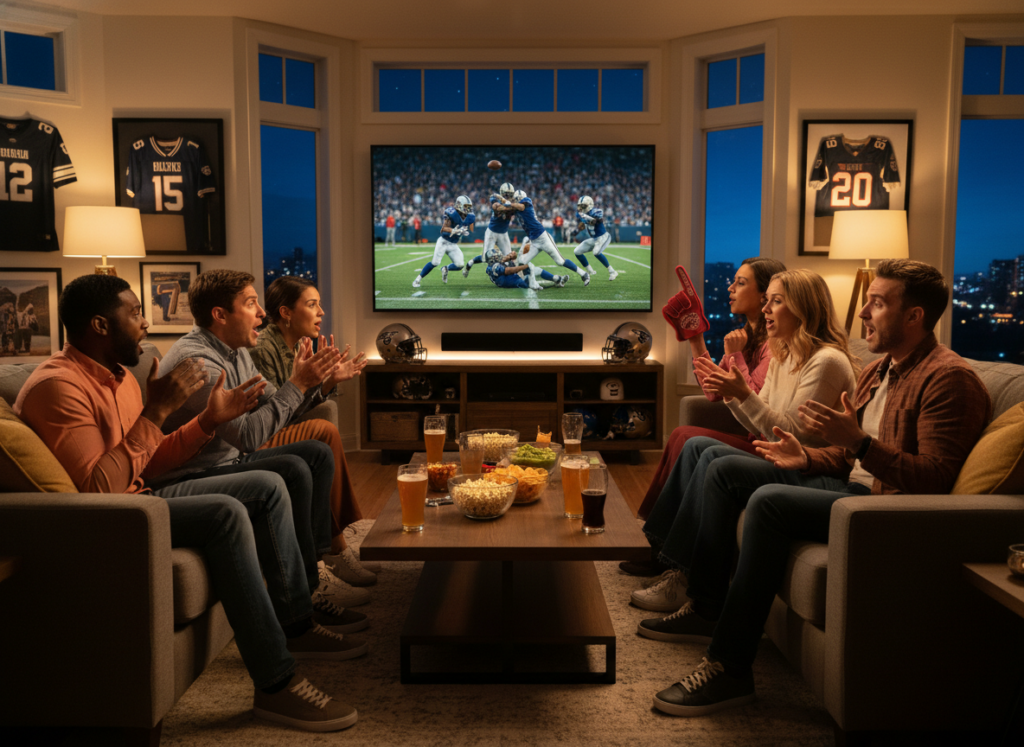 A lively living room scene filled with excitement as friends gather to watch a football game on a large screen. In the foreground, a diverse group of well-dressed individuals in casual attire, such as polos and jeans, sit on a comfortable sofa, animatedly discussing the match while holding snacks and drinks. In the middle, the large television displays a thrilling game moment, with bright colors and action vividly captured. The room is decorated with football memorabilia, including jerseys and posters, enhancing the atmosphere. Soft, warm lighting fills the space, creating an inviting ambiance. Through a window in the background, a glimpse of a clear evening sky hints at a shared experience among fans everywhere, evoking a sense of camaraderie and passion for the sport.