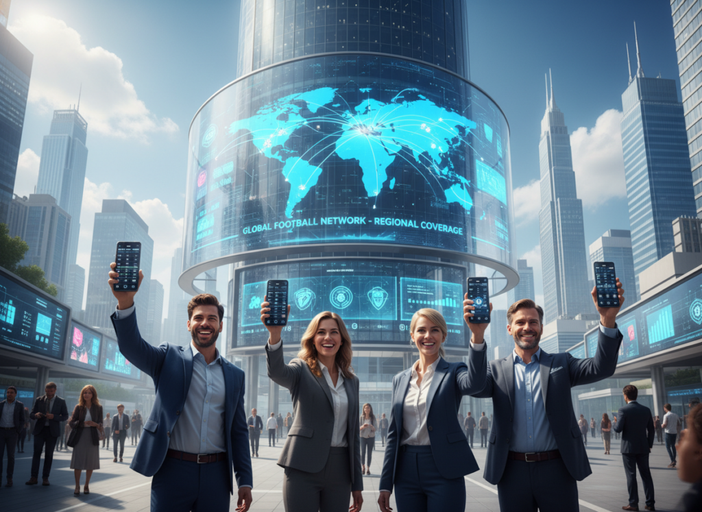 A modern digital landscape showcasing a vibrant urban environment where people are using smartphones to access sports apps. In the foreground, a diverse group of people, dressed in business casual attire, are engaged in checking football match availability on their devices, with expressions of excitement and anticipation. The middle ground features a large digital screen displaying a colorful map indicating regional coverage for football games. In the background, a city skyline under a bright blue sky conveys a lively atmosphere. The lighting is bright and cheerful, enhancing the sense of connectivity and enthusiasm for football. Use a wide-angle lens to capture the dynamic interaction between technology and sports within a modern city setting. A modern digital landscape showcasing a vibrant urban environment where people are using smartphones to access sports apps. In the foreground, a diverse group of people, dressed in business casual attire, are engaged in checking football match availability on their devices, with expressions of excitement and anticipation. The middle ground features a large digital screen displaying a colorful map indicating regional coverage for football games. In the background, a city skyline under a bright blue sky conveys a lively atmosphere. The lighting is bright and cheerful, enhancing the sense of connectivity and enthusiasm for football. Use a wide-angle lens to capture the dynamic interaction between technology and sports within a modern city setting.