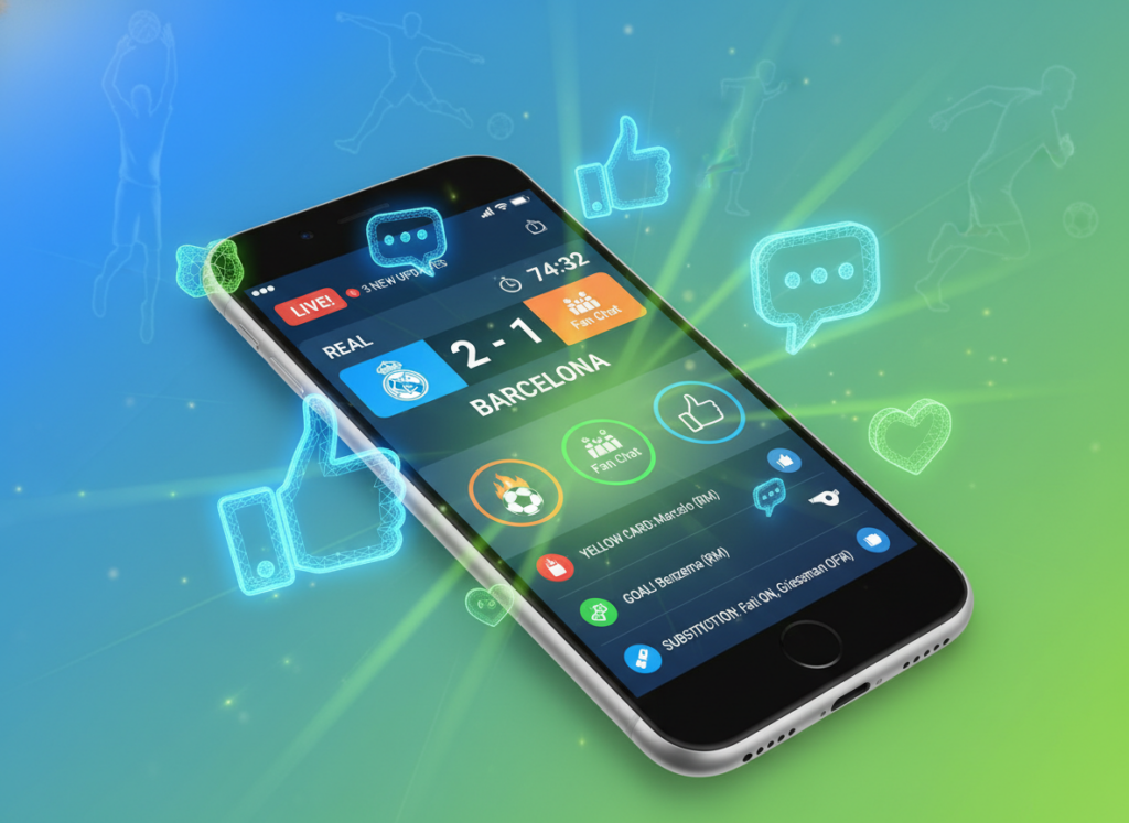 A modern, dynamic digital interface showcasing sports features like live notifications, a vibrant live scoreboard, and user interactivity elements. In the foreground, depict a smartphone screen displaying real-time game updates with colorful icons for notifications, scores, and interactive buttons. The middle ground includes stylized representations of audience engagement, like thumbs up and chat icons, simulating interactivity. The background features soft gradients of blue and green, symbolizing excitement and energy, with abstract sports motifs subtly blended in. The lighting should be bright and engaging, capturing a lively atmosphere. The angle should be a slight bird's-eye view emphasizing the smartphone's utilization in a social setting, creating a sense of connection among sports fans. A modern, dynamic digital interface showcasing sports features like live notifications, a vibrant live scoreboard, and user interactivity elements. In the foreground, depict a smartphone screen displaying real-time game updates with colorful icons for notifications, scores, and interactive buttons. The middle ground includes stylized representations of audience engagement, like thumbs up and chat icons, simulating interactivity. The background features soft gradients of blue and green, symbolizing excitement and energy, with abstract sports motifs subtly blended in. The lighting should be bright and engaging, capturing a lively atmosphere. The angle should be a slight bird's-eye view emphasizing the smartphone's utilization in a social setting, creating a sense of connection among sports fans.