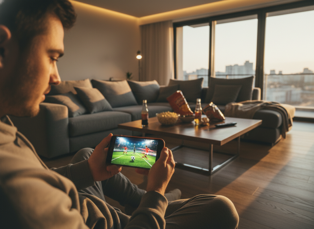 A modern living room scene featuring a comfortable sofa with a person, dressed in casual clothing, intently watching a football match live on their smartphone. The foreground shows the smartphone with a vibrant display of a game, with bright colors and action packed graphics visible. In the middle ground, a coffee table is scattered with snacks and drinks, enhancing the relaxed atmosphere. The background includes a large window with natural light streaming in, giving a warm and inviting feel to the room. Soft lighting creates a cozy ambiance, ideal for enjoying a game. The mood is one of excitement and engagement, capturing the essence of watching a live sports event at home. A modern living room scene featuring a comfortable sofa with a person, dressed in casual clothing, intently watching a football match live on their smartphone. The foreground shows the smartphone with a vibrant display of a game, with bright colors and action packed graphics visible. In the middle ground, a coffee table is scattered with snacks and drinks, enhancing the relaxed atmosphere. The background includes a large window with natural light streaming in, giving a warm and inviting feel to the room. Soft lighting creates a cozy ambiance, ideal for enjoying a game. The mood is one of excitement and engagement, capturing the essence of watching a live sports event at home.