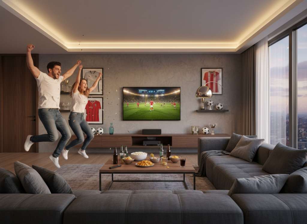 A modern living room setting with a flat-screen TV displaying a live soccer match, surrounded by comfortable furniture. In the foreground, a coffee table with snacks and drinks set up for a viewing party. On one side, a couple of friends dressed in casual attire, energetically celebrating a goal. The middle background features a well-decorated wall with framed jerseys and memorabilia, reflecting a passion for football. Soft, warm lighting enhances the cozy atmosphere, while the window in the background reveals a glimpse of the evening sky. The scene conveys excitement and camaraderie, ideal for illustrating paid alternatives to enjoy sports events in a home setting without any text or logos.