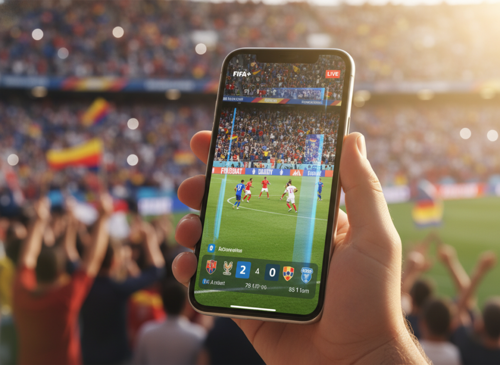 A modern mobile device displaying the FIFA+ streaming interface, showcasing a vibrant live match, with colorful graphics of a bustling football stadium in the background. In the foreground, a hand holding the smartphone, carefully angled to emphasize the screen’s lively visual. The lighting is bright and dynamic, reflecting the excitement of game day, with soft bokeh effects in the background to hint at cheering fans. The atmosphere is energetic and celebratory, evoking the thrill of watching the World Cup live. The image is sharp and focused, capturing the essence of modern sports streaming, with a warm color palette to evoke positivity and engagement. A modern mobile device displaying the FIFA+ streaming interface, showcasing a vibrant live match, with colorful graphics of a bustling football stadium in the background. In the foreground, a hand holding the smartphone, carefully angled to emphasize the screen’s lively visual. The lighting is bright and dynamic, reflecting the excitement of game day, with soft bokeh effects in the background to hint at cheering fans. The atmosphere is energetic and celebratory, evoking the thrill of watching the World Cup live. The image is sharp and focused, capturing the essence of modern sports streaming, with a warm color palette to evoke positivity and engagement.