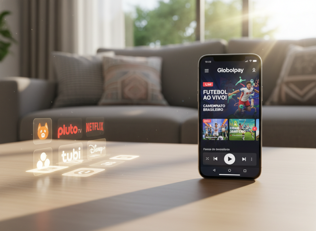A modern mobile phone displaying the Globoplay app interface on its screen, with vibrant graphics showcasing sports content, on a stylish wooden table in a bright, cozy living room. In the background, an inviting sofa and a large window letting in warm sunlight, creating a cheerful atmosphere. To the left, subtle hints of alternative streaming app icons, representing free and paid options, smoothly integrated into the scene as if they are part of the environment. The overall mood is dynamic and engaging, highlighting the excitement of accessing sports games for free through mobile apps. Soft focus on the background adds depth, emphasizing the phone in the foreground. Use soft, natural lighting to enhance the inviting feel of the space. A modern mobile phone displaying the Globoplay app interface on its screen, with vibrant graphics showcasing sports content, on a stylish wooden table in a bright, cozy living room. In the background, an inviting sofa and a large window letting in warm sunlight, creating a cheerful atmosphere. To the left, subtle hints of alternative streaming app icons, representing free and paid options, smoothly integrated into the scene as if they are part of the environment. The overall mood is dynamic and engaging, highlighting the excitement of accessing sports games for free through mobile apps. Soft focus on the background adds depth, emphasizing the phone in the foreground. Use soft, natural lighting to enhance the inviting feel of the space.