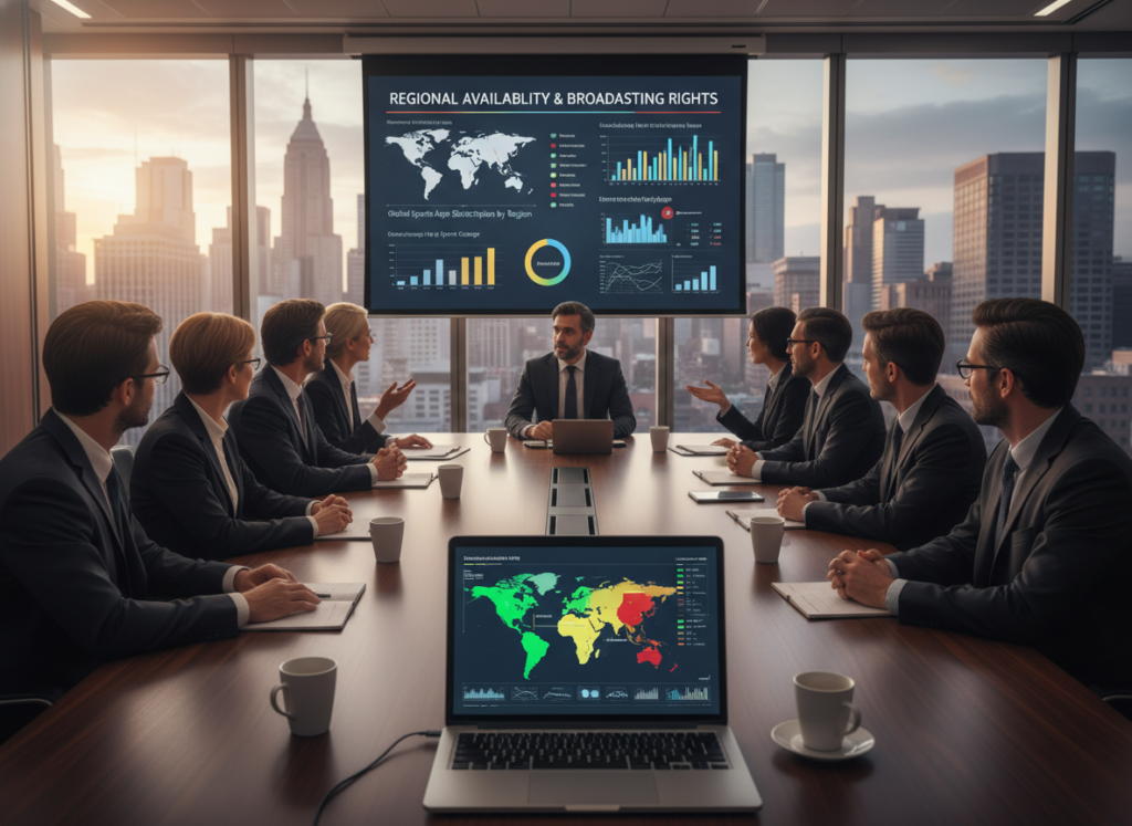 A modern office meeting room with a large conference table, where diverse professionals in business attire are engaged in a discussion about regional availability and broadcasting rights of sports applications. In the foreground, a laptop displays a vibrant digital map illustrating various regions and their streaming accessibility, with analytical graphs beside it. In the middle ground, a projector screen showcases key statistics and visuals related to streaming rights. The background features large windows with a view of a city skyline, illuminated by soft, natural lighting that creates a focused, professional atmosphere. The overall mood conveys collaboration, insight, and the dynamics of sports broadcasting in a global context. A modern office meeting room with a large conference table, where diverse professionals in business attire are engaged in a discussion about regional availability and broadcasting rights of sports applications. In the foreground, a laptop displays a vibrant digital map illustrating various regions and their streaming accessibility, with analytical graphs beside it. In the middle ground, a projector screen showcases key statistics and visuals related to streaming rights. The background features large windows with a view of a city skyline, illuminated by soft, natural lighting that creates a focused, professional atmosphere. The overall mood conveys collaboration, insight, and the dynamics of sports broadcasting in a global context.