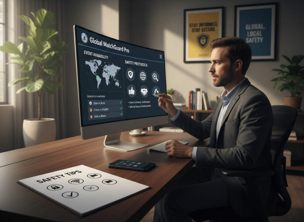 A modern, professional workspace showcasing a computer screen displaying a user-friendly app interface for checking sports event availability and safety tips. In the foreground, a smartphone lies next to a checklist titled "Safety Tips" with icons representing secure online practices and regional availability checks. The middle ground includes a focused person in business attire, analyzing data on the computer screen, conveying engagement and diligence. The background features a cozy, well-lit office environment with soft lighting, plants, and motivational posters about security awareness. The mood is informative and professional, emphasizing safety and awareness while embodying a sense of preparedness for enjoying the World Cup updates. A modern, professional workspace showcasing a computer screen displaying a user-friendly app interface for checking sports event availability and safety tips. In the foreground, a smartphone lies next to a checklist titled "Safety Tips" with icons representing secure online practices and regional availability checks. The middle ground includes a focused person in business attire, analyzing data on the computer screen, conveying engagement and diligence. The background features a cozy, well-lit office environment with soft lighting, plants, and motivational posters about security awareness. The mood is informative and professional, emphasizing safety and awareness while embodying a sense of preparedness for enjoying the World Cup updates.