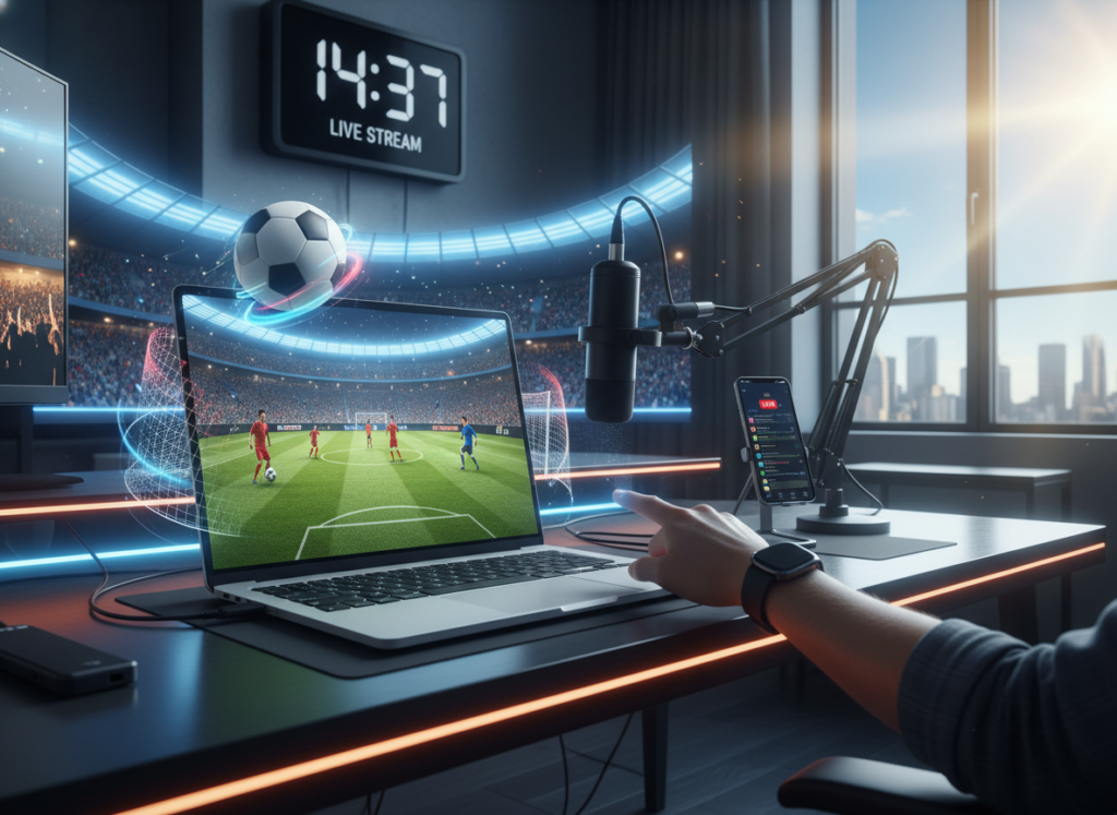 A modern, sleek workspace designed for live sports streaming is the main focus, featuring a high-definition laptop with a sports game on the screen surrounded by vibrant, colorful graphics depicting soccer elements like a ball, a stadium, and cheering fans. In the foreground, a hand reaches out towards the laptop, symbolizing the interactive nature of live streaming. The middle ground is filled with essential tools for quality streaming, such as a quality microphone and a smartphone with a streaming app open. The background reveals a digital clock and a window showing a sunny day, creating an energetic atmosphere. The lighting is bright and inviting, emphasizing a professional yet relaxed environment, suitable for enjoying sports on mobile devices.