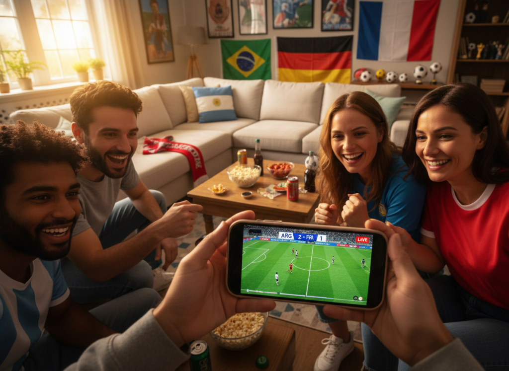 A modern smartphone displaying a vibrant live stream of a World Cup soccer match on the screen. The foreground features a close-up of the phone held by a diverse group of excited friends, all dressed in casual attire, their faces lit up with joy and anticipation. In the middle ground, a cozy living room is visible, with a large window letting in warm natural light, creating a welcoming atmosphere. The background showcases a soccer-themed decor, with flags and memorabilia adorning the walls. The mood is celebratory and energetic, capturing the thrill of watching the World Cup on a mobile device, emphasizing camaraderie and the joy of soccer. The composition is shot from a slightly elevated angle to highlight the phone and the friends' expressions. A modern smartphone displaying a vibrant live stream of a World Cup soccer match on the screen. The foreground features a close-up of the phone held by a diverse group of excited friends, all dressed in casual attire, their faces lit up with joy and anticipation. In the middle ground, a cozy living room is visible, with a large window letting in warm natural light, creating a welcoming atmosphere. The background showcases a soccer-themed decor, with flags and memorabilia adorning the walls. The mood is celebratory and energetic, capturing the thrill of watching the World Cup on a mobile device, emphasizing camaraderie and the joy of soccer. The composition is shot from a slightly elevated angle to highlight the phone and the friends' expressions.