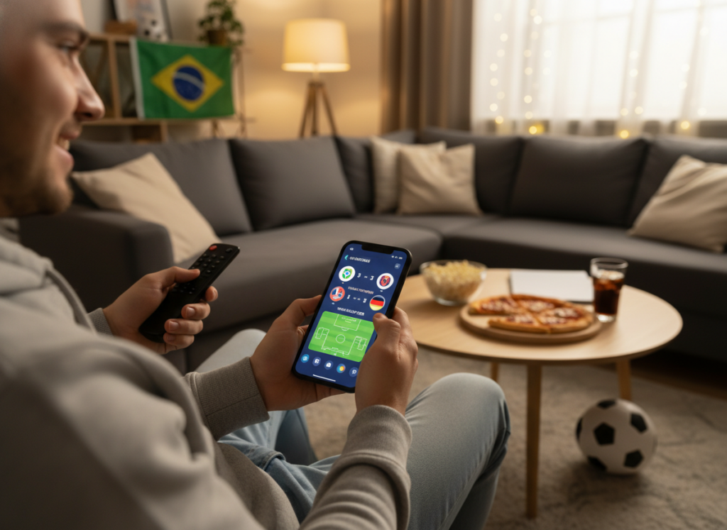 A modern smartphone displaying a vibrant soccer app interface showcasing live matches, set against a cozy living room backdrop. In the foreground, the phone is held by a person in comfortable casual clothing, casually yet engaged in the excitement of the game. Their expression reflects passion and anticipation. The middle ground features a stylish sofa and coffee table, with snacks and drinks, enhancing the atmosphere of camaraderie and joy. The background is softly illuminated, with soft ambient lighting creating a warm, inviting mood. Subtle decorations hint at a soccer theme, like a small ball and a flag. The composition balances the thrill of watching sports and the leisure of home enjoyment, evoking a sense of community and excitement around the World Cup games.