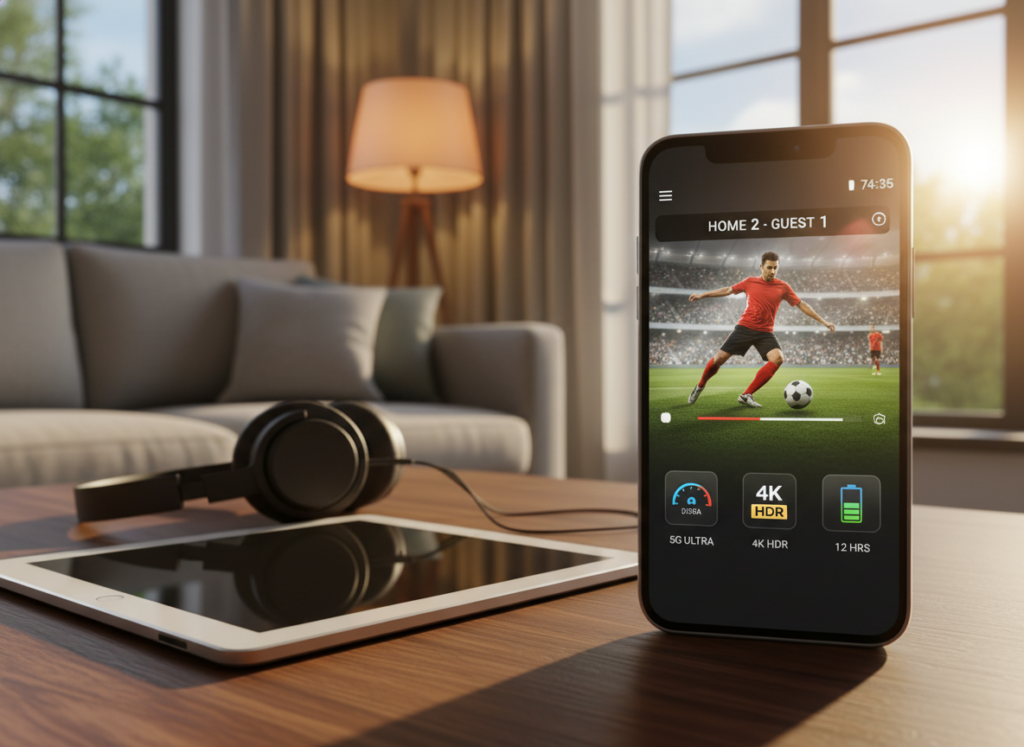 A modern smartphone displaying a vibrant streaming app interface showing a live football match, positioned on a sleek wooden desk. In the foreground, a tablet and headphones indicate multimedia capabilities. The middle ground features a cozy living room setting with a comfortable couch and soft lighting that conveys a relaxed atmosphere. Behind, a window shows a sunny day outside, enhancing the cheerful mood. The image focuses on technical specifications for mobile streaming, including icons representing high-speed internet, video resolution options, and battery life, all artistically integrated into the scene. The overall lighting is warm and inviting, with a slight lens flare to emphasize the vibrant colors. A modern smartphone displaying a vibrant streaming app interface showing a live football match, positioned on a sleek wooden desk. In the foreground, a tablet and headphones indicate multimedia capabilities. The middle ground features a cozy living room setting with a comfortable couch and soft lighting that conveys a relaxed atmosphere. Behind, a window shows a sunny day outside, enhancing the cheerful mood. The image focuses on technical specifications for mobile streaming, including icons representing high-speed internet, video resolution options, and battery life, all artistically integrated into the scene. The overall lighting is warm and inviting, with a slight lens flare to emphasize the vibrant colors.
