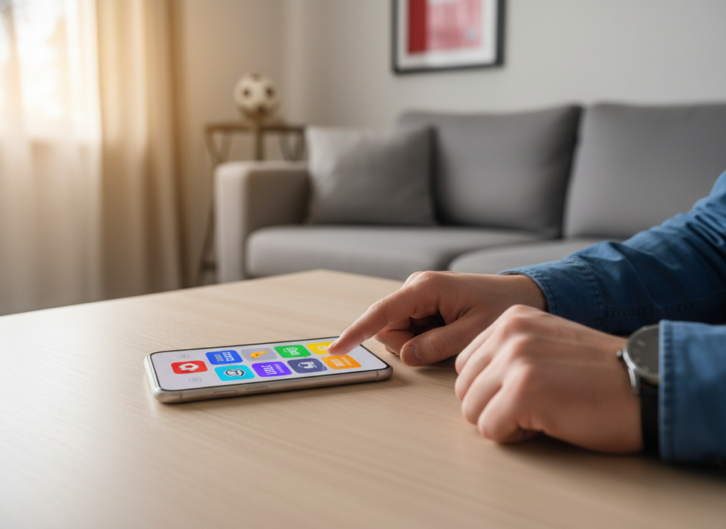 A modern smartphone displaying various applications for watching soccer matches on its screen, positioned on a clean, light-colored wooden desk. In the foreground, the smartphone captures attention with a dynamic display of soccer-related app icons, each vividly colored. The middle ground features a user’s hand, dressed in a smart casual outfit, poised to select an app. The background includes a soft-focus view of a cozy living room setting with a couch, football memorabilia, and ambient light streaming in through a window, conveying a relaxed and engaging atmosphere. The scene is well-lit, with a warm, inviting glow that emphasizes excitement and convenience.