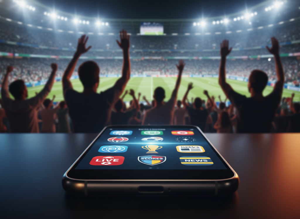 A modern smartphone displaying various sports apps related to the World Cup, prominently positioned in the foreground. The phone's screen shows app icons for live streaming, score tracking, and news, all vibrant and easily recognizable. In the middle ground, the blurred outlines of a bustling sports bar with fans watching the game, creating an engaging atmosphere. In the background, a soccer field is visible, under bright stadium lights, filled with cheering fans, enhancing the sense of excitement and urgency. The lighting is dynamic, with soft highlights reflecting off the phone screen and creating contrast with the lively environment. The overall mood is energetic and inviting, emphasizing the accessibility and excitement of watching the World Cup on mobile apps.