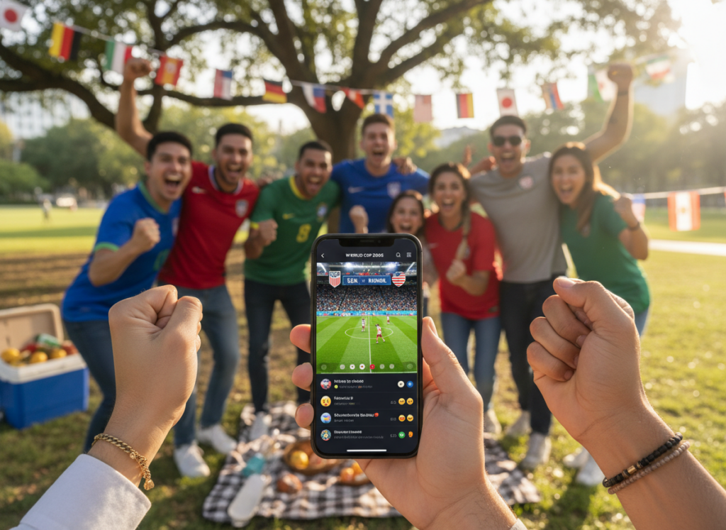 A modern smartphone held in the hands of a diverse group of enthusiastic fans, each displaying their excitement for a live soccer match. In the foreground, a clear view of the smartphone screen shows a vibrant sports app interface streaming the game. The middle ground features the fans, dressed in casual but stylish clothing, cheering and celebrating together, with expressions of joy and anticipation. In the background, an urban park setting with trees and a picnic setup adds a lively touch, with hints of colorful flags representing various countries. The image is illuminated with warm, natural lighting, capturing the excitement of a sunny match day, with a focus on the community experience of enjoying the World Cup via mobile technology. A modern smartphone held in the hands of a diverse group of enthusiastic fans, each displaying their excitement for a live soccer match. In the foreground, a clear view of the smartphone screen shows a vibrant sports app interface streaming the game. The middle ground features the fans, dressed in casual but stylish clothing, cheering and celebrating together, with expressions of joy and anticipation. In the background, an urban park setting with trees and a picnic setup adds a lively touch, with hints of colorful flags representing various countries. The image is illuminated with warm, natural lighting, capturing the excitement of a sunny match day, with a focus on the community experience of enjoying the World Cup via mobile technology.