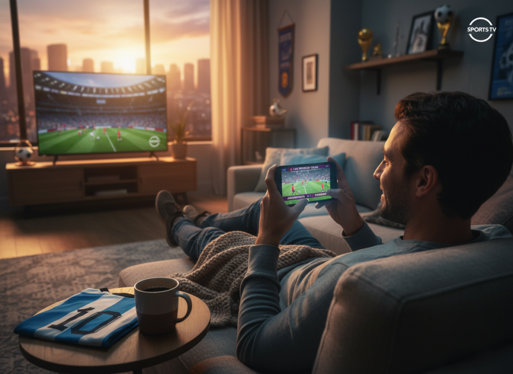 A person in a cozy living room, sitting comfortably on a sofa, focused on their smartphone, watching a live football match from the World Cup. The smartphone screen glows softly, reflecting excitement. The foreground features a cup of coffee on a small table and a football jersey draped on the sofa. In the middle, a TV showing a sports channel logo hints at broader coverage. The background is warmly lit, with sports memorabilia and a window showing a sunset. The atmosphere is lively yet relaxed, capturing the joy of watching live sports from home. The scene should convey a sense of accessibility and enthusiasm for football.