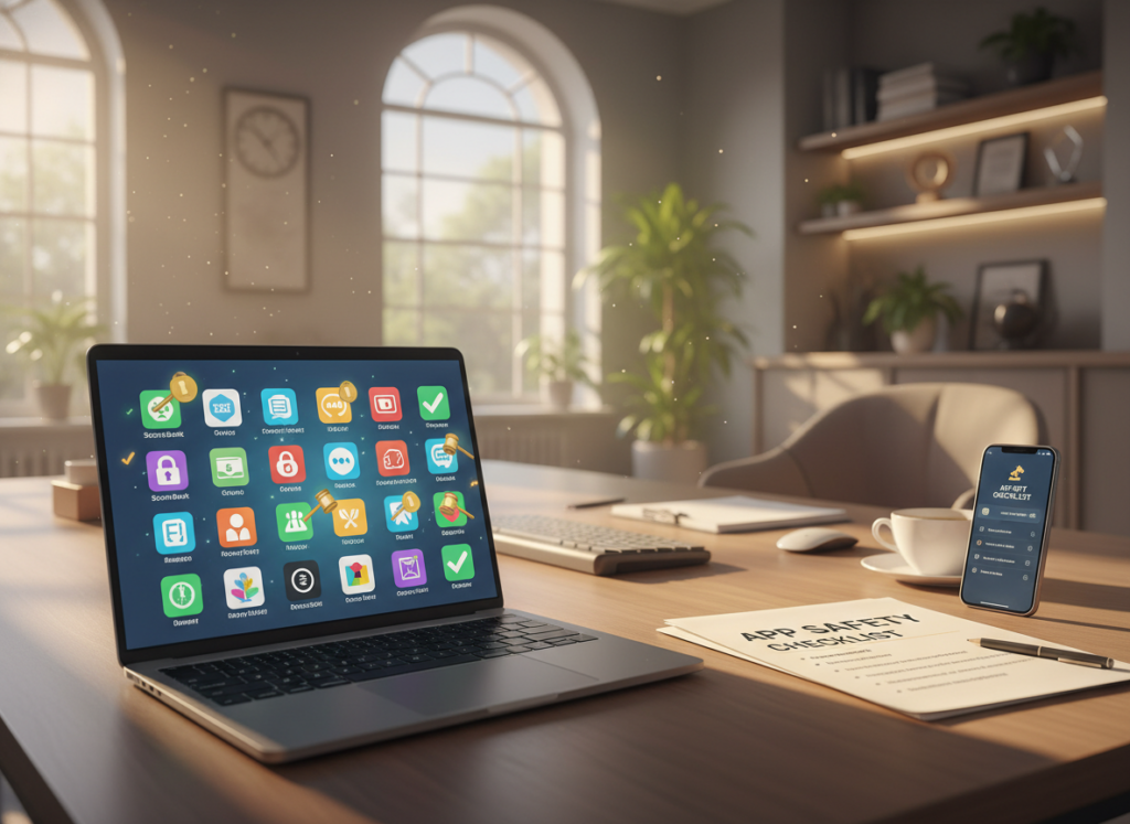 A professional-looking office desk setup focused on digital security while choosing apps. In the foreground, a laptop displays colorful icons of various legitimate apps alongside symbols like a lock and checkmark, representing safety and legality. The middle layer includes papers with tips on app selection and a smartphone showing a checklist. In the background, a modern office environment with warm, inviting lighting emphasizes a sense of trust and professionalism. Soft shadows create a calm atmosphere, and a nearby window allows natural light to filter in, enhancing the focus on safety and informed choice. The composition should invite viewers to consider app security seriously while remaining visually engaging.