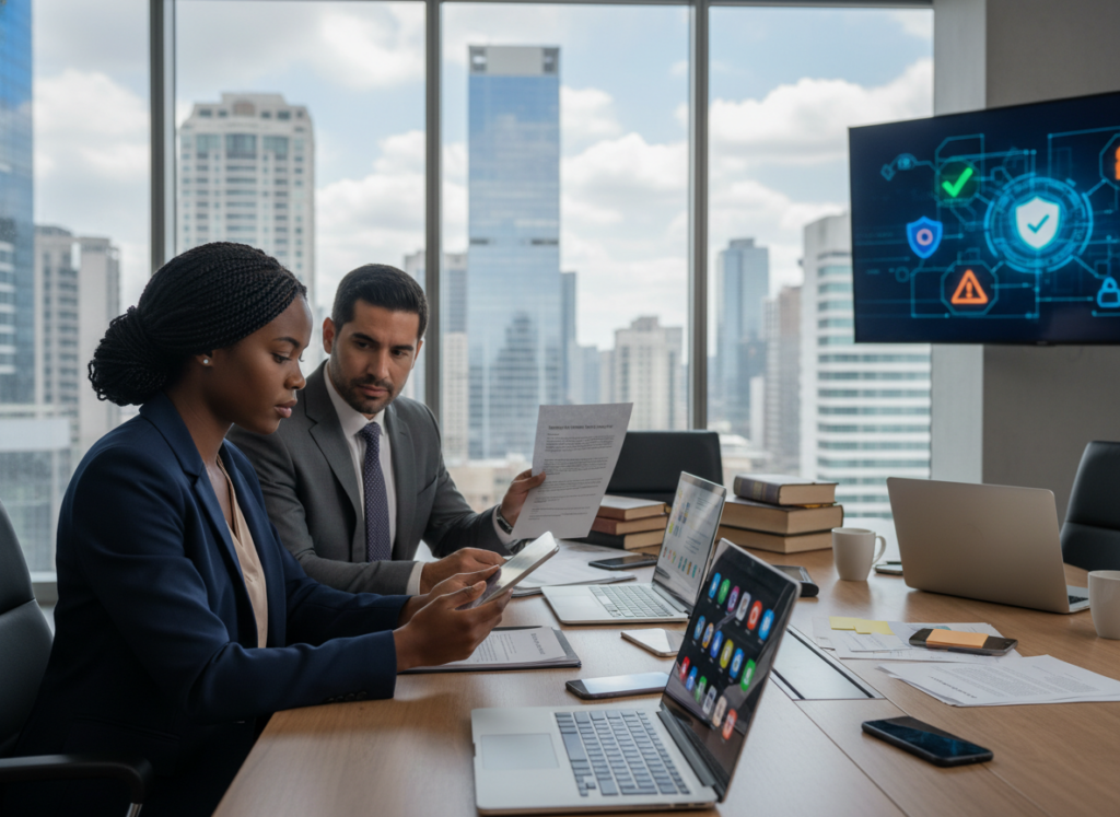 A professional office environment showcasing a diverse group of people evaluating the security and legality of mobile applications. In the foreground, a Black woman in smart business attire is reviewing app details on a tablet, while a Hispanic man in a suit holds a document with legal terms. In the middle, a modern conference table is cluttered with laptops, smartphones displaying app icons, and legal papers. The background features a large window with cityscape views and a digital screen showcasing security icons like locks and checkmarks. The scene is illuminated with soft, natural light, creating a focused and serious atmosphere, with a slight lens blur on the background to emphasize the subjects' engagement. A professional office environment showcasing a diverse group of people evaluating the security and legality of mobile applications. In the foreground, a Black woman in smart business attire is reviewing app details on a tablet, while a Hispanic man in a suit holds a document with legal terms. In the middle, a modern conference table is cluttered with laptops, smartphones displaying app icons, and legal papers. The background features a large window with cityscape views and a digital screen showcasing security icons like locks and checkmarks. The scene is illuminated with soft, natural light, creating a focused and serious atmosphere, with a slight lens blur on the background to emphasize the subjects' engagement.