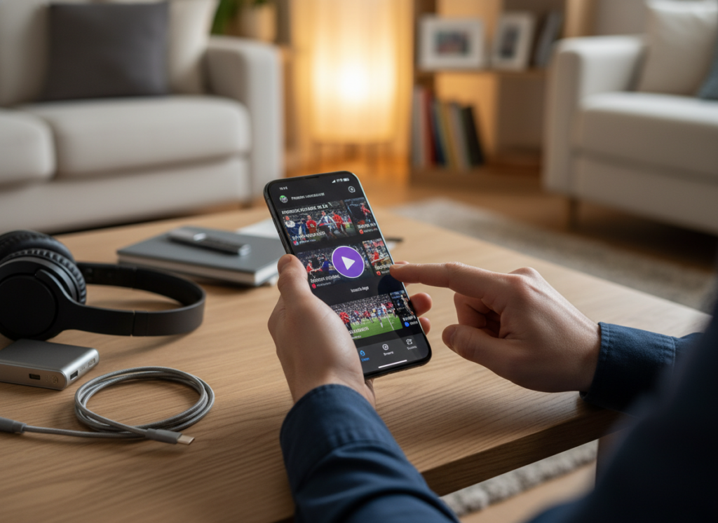 A sleek smartphone displaying a vibrant app interface showcasing football streaming options, placed on a wooden table scattered with tech accessories, such as headphones and a charging cable. In the background, a cozy living room with soft lighting emanating from a nearby lamp, creating a warm, inviting atmosphere. A person in smart casual clothing is bent over the phone, deeply focused, demonstrating how to download and configure an app, with visible icons like download buttons and settings. The scene is captured from a slightly overhead angle using a soft focus lens to emphasize the smartphone while still providing context of the room's ambiance. The overall mood is informative and engaging, highlighting ease of use and accessibility. A sleek smartphone displaying a vibrant app interface showcasing football streaming options, placed on a wooden table scattered with tech accessories, such as headphones and a charging cable. In the background, a cozy living room with soft lighting emanating from a nearby lamp, creating a warm, inviting atmosphere. A person in smart casual clothing is bent over the phone, deeply focused, demonstrating how to download and configure an app, with visible icons like download buttons and settings. The scene is captured from a slightly overhead angle using a soft focus lens to emphasize the smartphone while still providing context of the room's ambiance. The overall mood is informative and engaging, highlighting ease of use and accessibility.