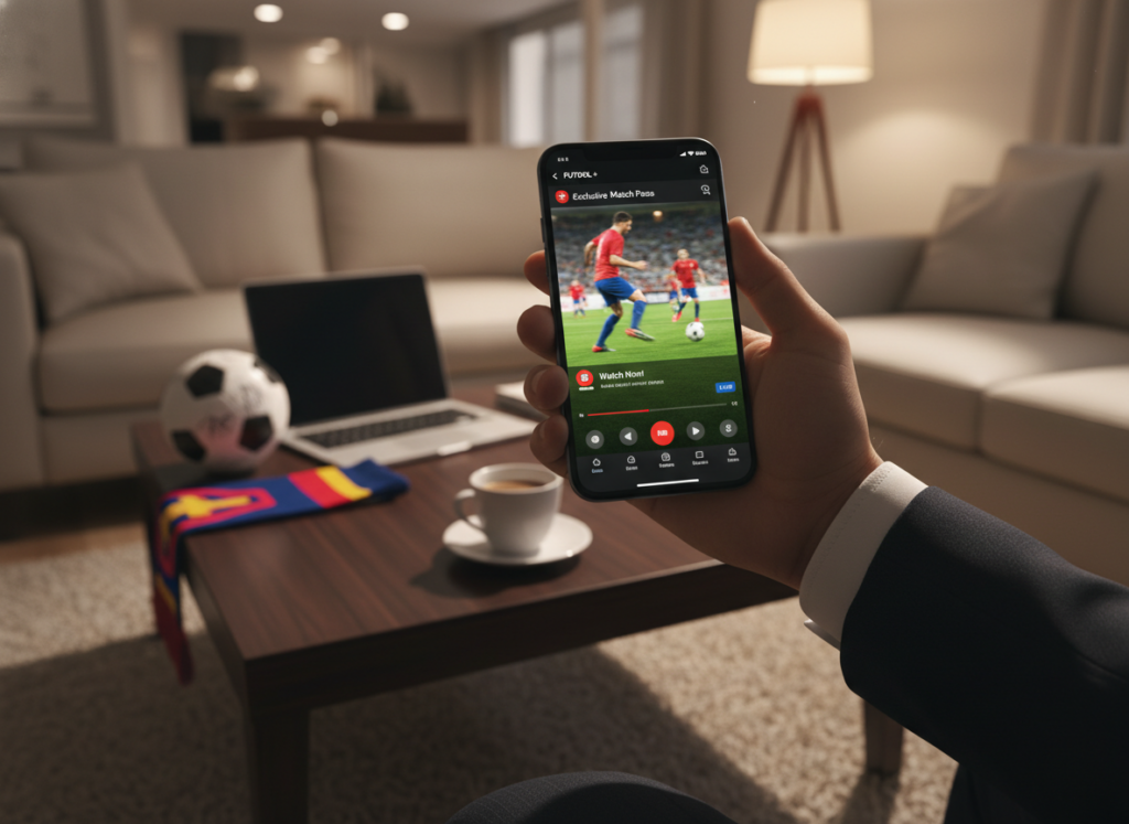 A sleek smartphone displaying a vibrant soccer streaming app interface, with a blurry, dynamic soccer match in action on the screen. In the foreground, a hand in a professional business attire is holding the phone, showcasing the convenience of watching live sports. In the middle ground, a stylish coffee table with a laptop and some sports memorabilia indicates a cozy viewing area. The background features a modern living room with soft, ambient lighting, creating a warm and inviting atmosphere. The scene captures the excitement of exclusive paid content and alternatives for accessing live soccer, implying a feeling of connection and engagement with the sport. Soft shadows enhance the depth of the scene while maintaining clarity and focus on the smartphone and its content. A sleek smartphone displaying a vibrant soccer streaming app interface, with a blurry, dynamic soccer match in action on the screen. In the foreground, a hand in a professional business attire is holding the phone, showcasing the convenience of watching live sports. In the middle ground, a stylish coffee table with a laptop and some sports memorabilia indicates a cozy viewing area. The background features a modern living room with soft, ambient lighting, creating a warm and inviting atmosphere. The scene captures the excitement of exclusive paid content and alternatives for accessing live soccer, implying a feeling of connection and engagement with the sport. Soft shadows enhance the depth of the scene while maintaining clarity and focus on the smartphone and its content.