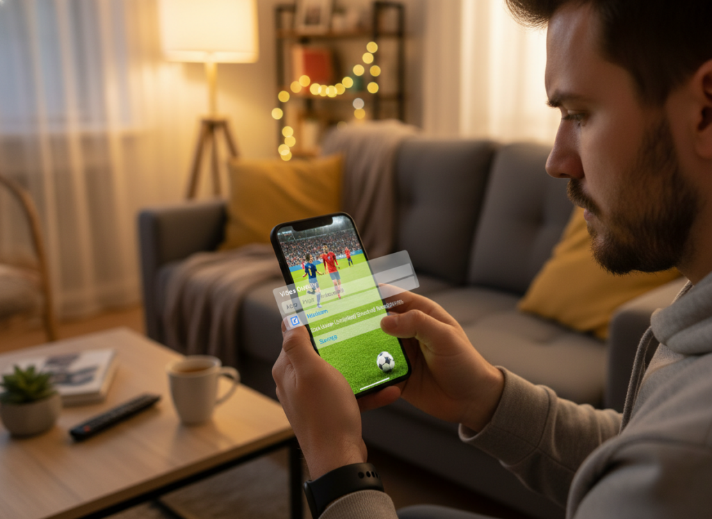 A smartphone displaying a live sports game with a focus on optimizing video quality and data usage settings. In the foreground, a close-up of the phone screen shows a vibrant, action-packed scene from a soccer match, with menu options for adjusting video quality highlighted. The middle ground features a user, dressed in casual attire, thoughtfully interacting with the phone, with an expression of concentration. In the background, a cozy living room setting with soft ambient lighting creates a relaxed atmosphere, suggesting a comfortable viewing experience. The lighting is warm and inviting, enhancing the overall mood of enjoyment while watching sports. The angle is slightly tilted to capture both the screen and the user's engagement. A smartphone displaying a live sports game with a focus on optimizing video quality and data usage settings. In the foreground, a close-up of the phone screen shows a vibrant, action-packed scene from a soccer match, with menu options for adjusting video quality highlighted. The middle ground features a user, dressed in casual attire, thoughtfully interacting with the phone, with an expression of concentration. In the background, a cozy living room setting with soft ambient lighting creates a relaxed atmosphere, suggesting a comfortable viewing experience. The lighting is warm and inviting, enhancing the overall mood of enjoyment while watching sports. The angle is slightly tilted to capture both the screen and the user's engagement.