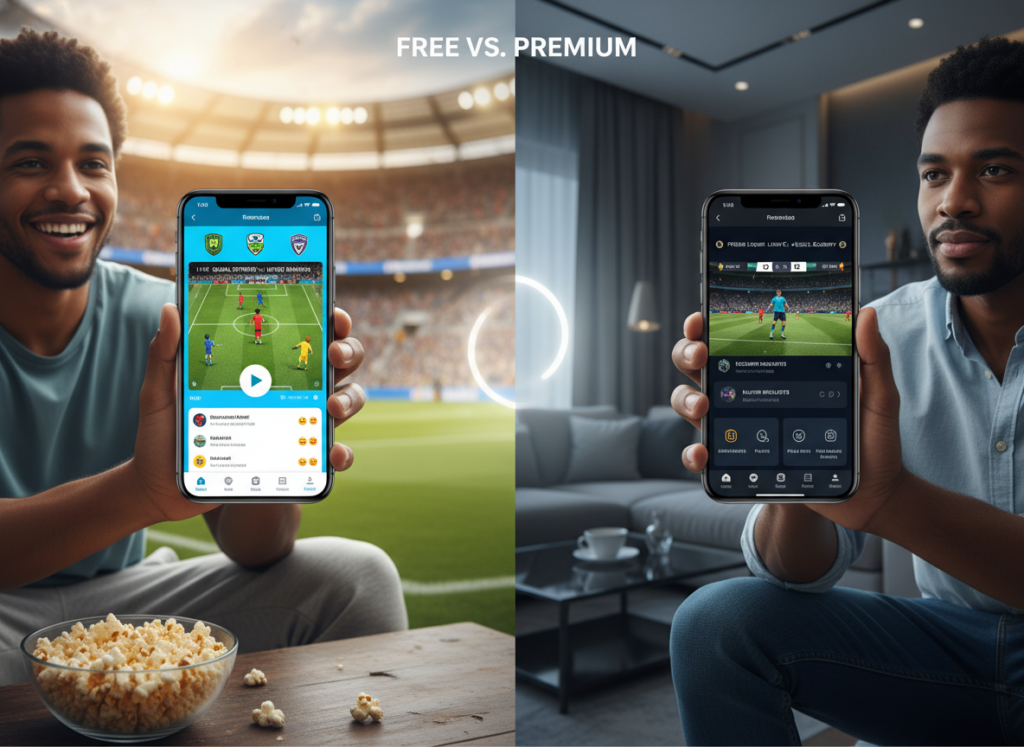 A split-screen image showcasing a comparison between free and paid apps for live football streaming. On the left, depict a user-friendly interface of a free app featuring a bright, colorful design with popular football teams and a live match in action. The foreground includes a smartphone held by a casual user dressed in comfortable clothing, excitedly watching the game. On the right, illustrate a premium app interface with sleek, modern aesthetics displaying exclusive content, highlights, and HD quality streaming. The user here is in smart casual attire, looking focused and satisfied while holding another smartphone. In the background, create a subtle gradient transition from lively stadium vibes on the left to a more sophisticated setting on the right. Soft, natural lighting enhances both sections, conveying a sense of choice and comparison. A split-screen image showcasing a comparison between free and paid apps for live football streaming. On the left, depict a user-friendly interface of a free app featuring a bright, colorful design with popular football teams and a live match in action. The foreground includes a smartphone held by a casual user dressed in comfortable clothing, excitedly watching the game. On the right, illustrate a premium app interface with sleek, modern aesthetics displaying exclusive content, highlights, and HD quality streaming. The user here is in smart casual attire, looking focused and satisfied while holding another smartphone. In the background, create a subtle gradient transition from lively stadium vibes on the left to a more sophisticated setting on the right. Soft, natural lighting enhances both sections, conveying a sense of choice and comparison.