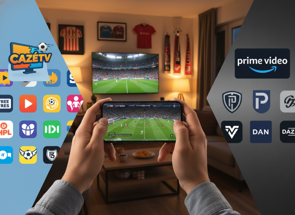 A split-screen image showcasing a comparison between free and paid football streaming apps. On the left side, depict vibrant, engaging icons representing free apps like CazéTV, featuring bright colors and a soccer ball motif. On the right, illustrate paid app logos, such as PrimeVideo, using a more sophisticated and polished appearance, with darker tones and sleek designs. The foreground should include a modern smartphone in a user’s hand, displaying the respective apps in use, with hands dressed in professional casual attire. The middle ground shows a well-lit living room with a television displaying a football match, emphasizing a comfortable viewing experience. The background should include sports memorabilia, creating an immersive atmosphere filled with excitement and anticipation, with warm lighting enhancing the overall mood.
