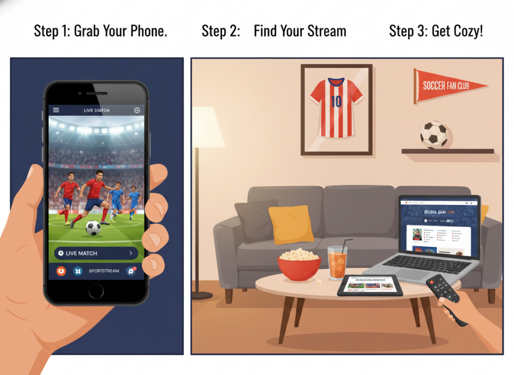 A step-by-step guide illustration for watching live soccer games on a mobile phone. In the foreground, display a close-up of a hand holding a smartphone, showing a vibrant soccer match on the screen, with cheering fans in the background. In the middle, include elements like a cozy living room setup with snacks, drinks, and a laptop open with a streaming website. The background features a dynamic sports-themed decor, like jerseys and a soccer ball. Use warm, inviting lighting to create a friendly atmosphere, capturing excitement and anticipation. The angle should be slightly elevated, providing depth to the scene while keeping the focus on the phone and the game. Ensure the scene is professional, appealing, and suitable for a wide audience.