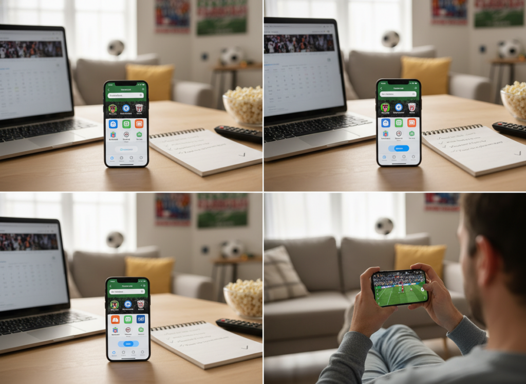 A step-by-step visual guide on downloading and using football apps, depicting a clean, organized workspace. In the foreground, a modern smartphone displays an app store with football-themed applications, featuring icons of popular football streaming apps. In the middle ground, a hand is seen tapping the download button, with laptop and notepad nearby containing brief notes on app features. The background showcases a bright, cozy living room with football memorabilia, such as a soccer ball and team posters, to create an engaging atmosphere. Soft, natural lighting filters through a window, enhancing the sense of approachability and excitement about using technology for sports. The overall mood is informative and inviting, suitable for football fans eager to enhance their viewing experience.